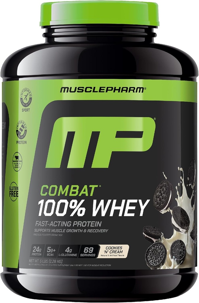 MusclePharm Combat 100% Whey Protein Powder, Cookies ‘N’ Cream Flavor, Fast Recovery &amp; Muscle Gain with Whey Protein Isolate, High Protein Powder for Women &amp; Men, Gluten Free, 5 lb, 69 Servings