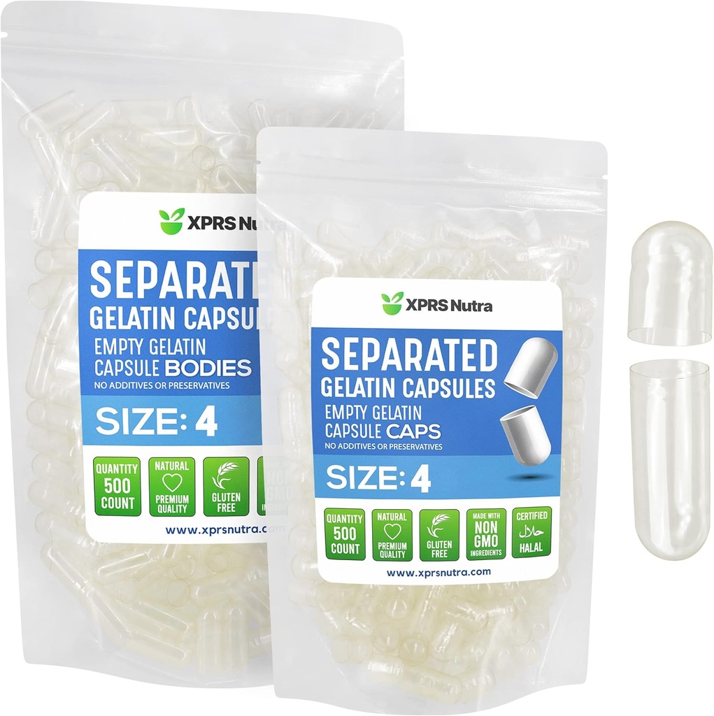 XPRS Nutra Gelatin Tamaño 4 cápsulas separadas - 500 cuenta claras pequeñas cápsulas vacías separadas en bolsas - DIY tapas llenas - Tamaño 4 Gel Do-It-youself Vitamina y suplemento relleno