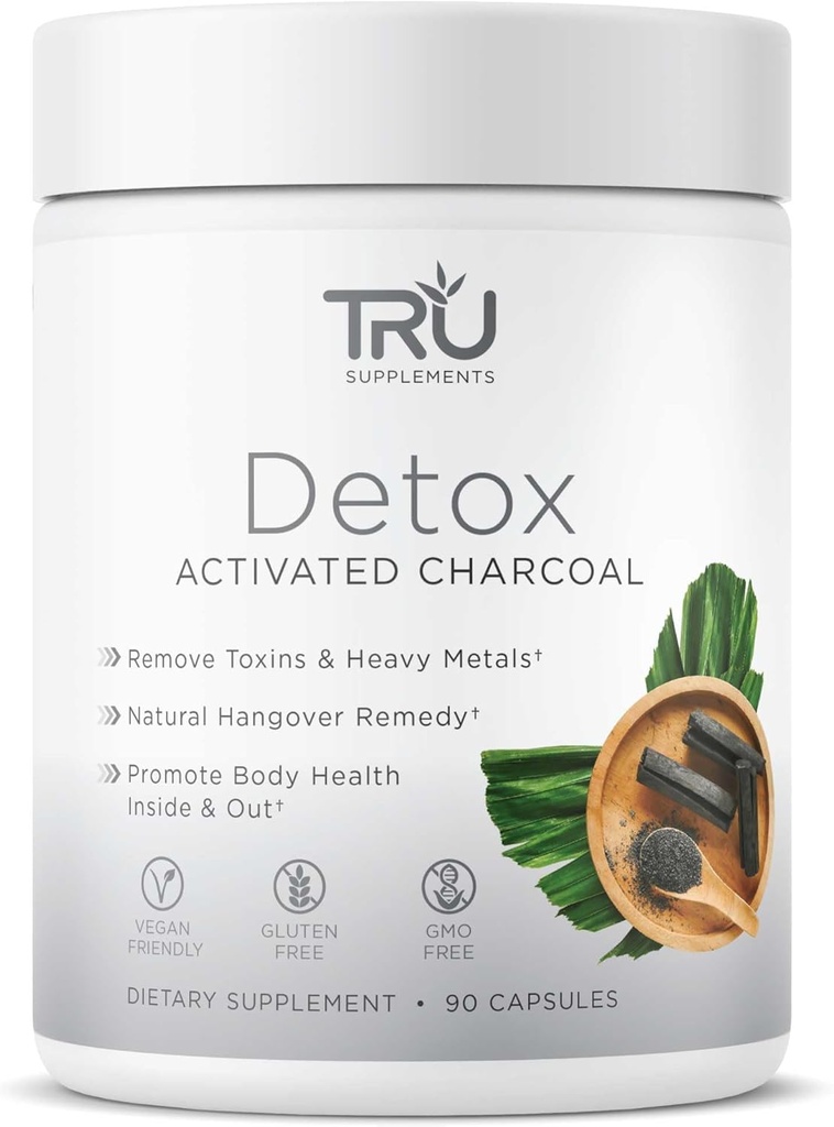 TRU Suplementos Detox Cleanse Capsules con carbón activado, Limpieza completa del cuerpo para el alivio de la hinchazón &amp; Clear Skin, Vegan-Friendly Natural Detox Support, 60 Servimientos