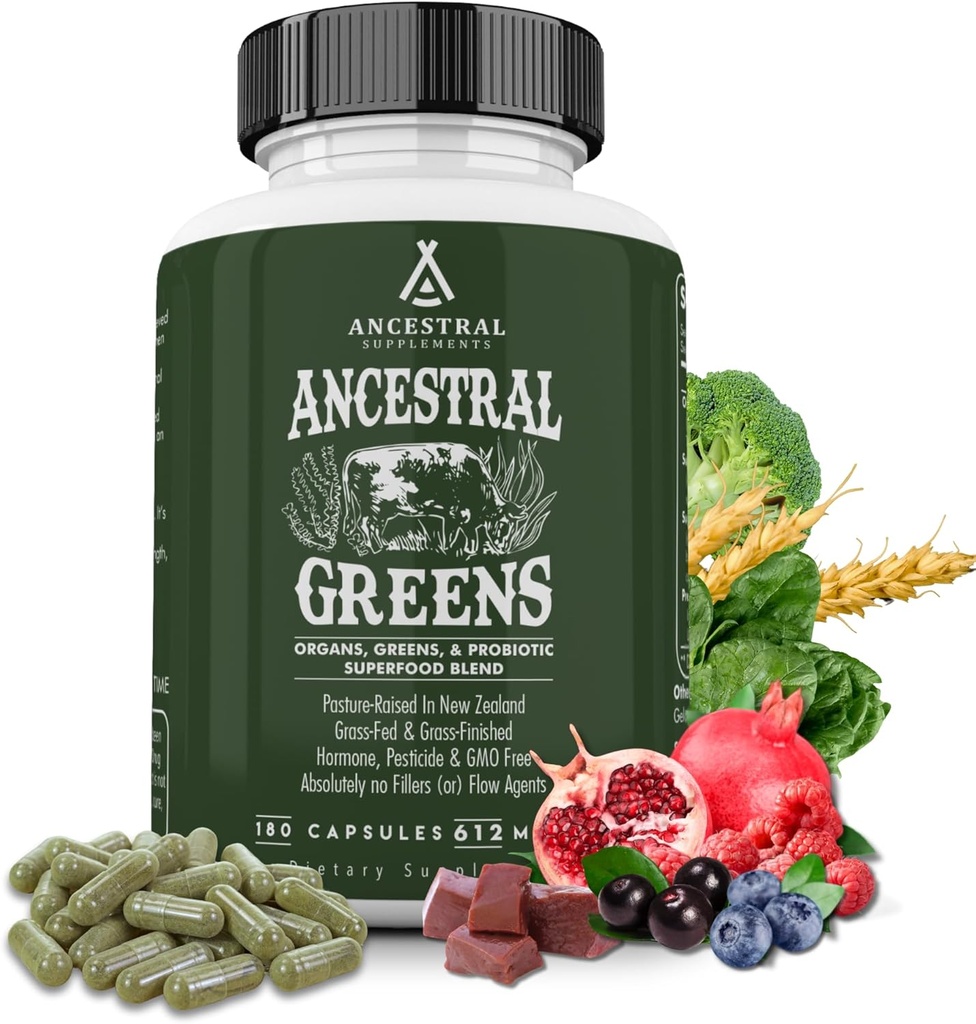 Suplementos ancestrales Verdes Powder Capsules, Ecológicos Superfood Greens & Reds Blend con Spirulina, Clorella, Grass Fed Beef Organs, y Probióticos para Gut Health, Non GMO, 612mg Cada, 180 Cuenta