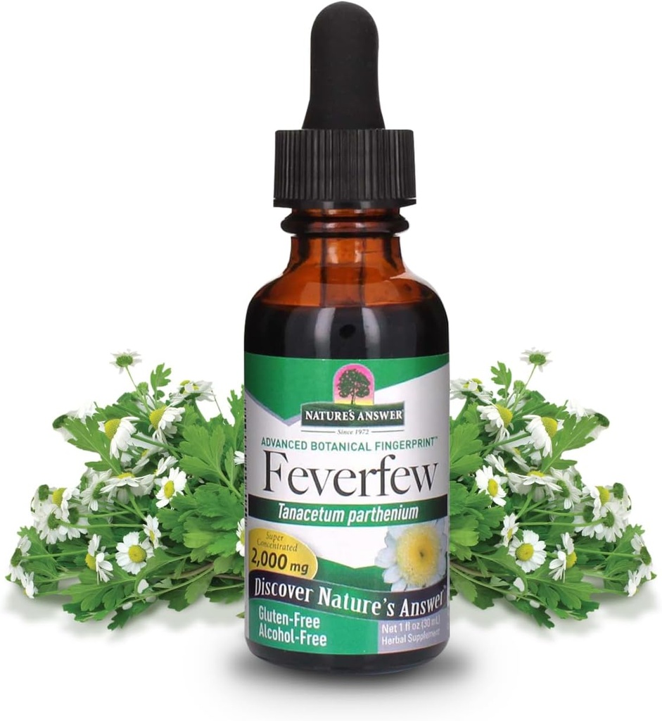 Respuesta de la naturaleza Alcohol-Free Feverfew 2000mg 1oz Extracto ← Promueve el bienestar general Fuente de Parthenolide Silencio Sin Sabores Artificiales o Preservadores Silencio Single Count
