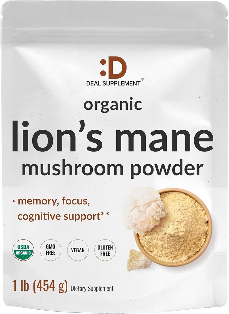 SUPLEMENTO DEAL Los leones orgánicos Mane Mushroom Powder Suplemento, 1.500mg Por Serving, 1lb – Cuerpo de Fruto Activo & Extracto de Micelio – Natural Brain Nootropic &amp; Immune System Booster – Non-GMO