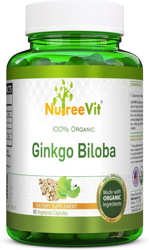 NutreeVit 100% Organic Ginkgo Biloba Capsules - Soportes Cerebro Salud, Alerta Mental, Circulación y Aumenta la Memoria - Antioxidante Orgánico - 100 Conde Bottle