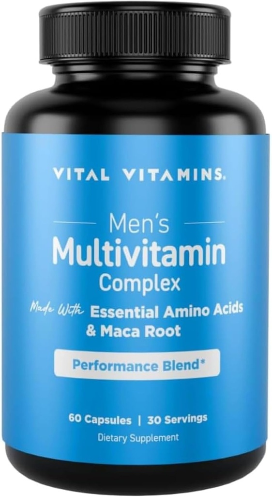Complejo Multivitamina de Hombres Vital Vitaminas Vitales - Hecho con ácidos esenciales &amp; Maca Root - con vitamina A, C, E, B6, B12, D3 &amp; Male Performance Blend - Daily Mens Multivitamin - 60 cápsulas