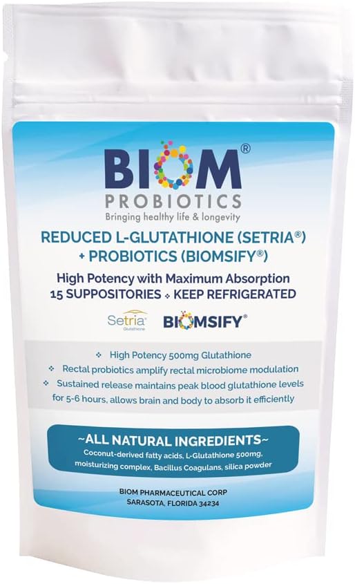 High Potency 500mg Reducido L-Glutathione (Setria Brand) + Supositorio Probiótico. Fórmula máxima de Glutatión Biodisponible con poderosas propiedades antioxidantes.