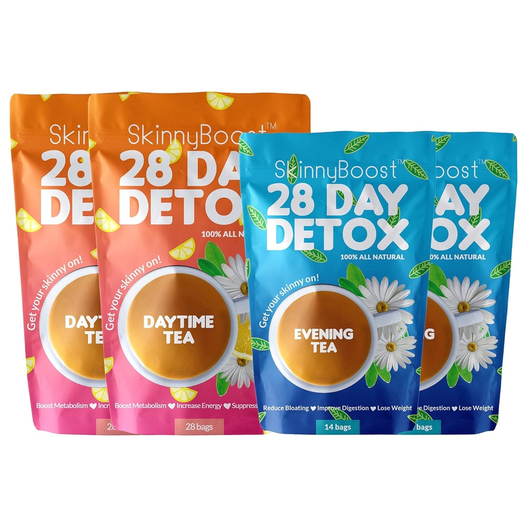 Skinny Boost Detox Tea Kit – 4 PACK - 2 Daytime Teas (56 Bolsas) 2- Evening Teas (28 Bolsas) – Herbal Detox for Weight, Metabolism, Energy, Bloating & Colon Cleanse – Green Tea, Vegan, Keto, Non-GMO, Sugar-Free