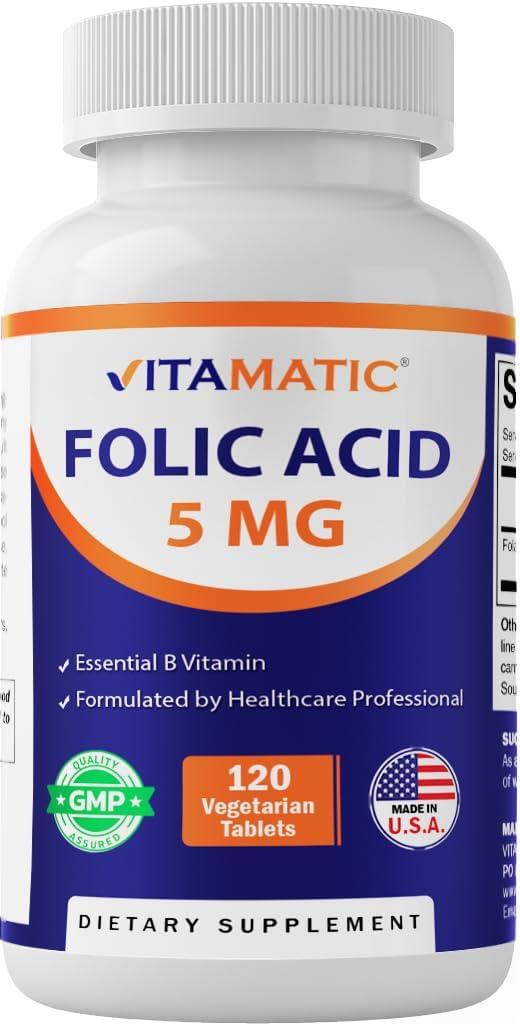 Vitamatic Folic Acid 5mg (5000 mcg) – 120 Tabletas Vegetarianas High Potency Vitamin B9 (Folate) for Cellular Health, Heart Support &amp; Prenatal Care