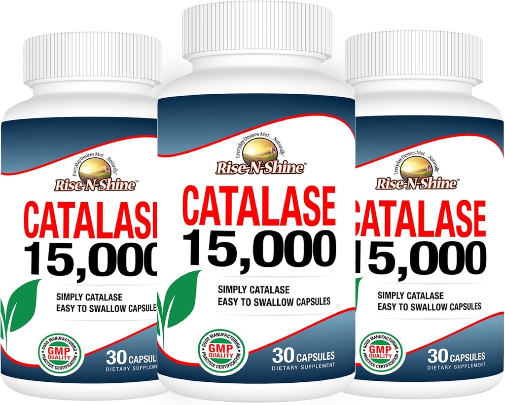 Rise-N-Shine Catalase Suplemento 15,000 - Potente Antioxidante Enzyme para la salud del cabello - Suplementos para el cabello fuerte - 90 cápsulas - Pack de 3 botellas de tamaño completo (90-Day Supply)
