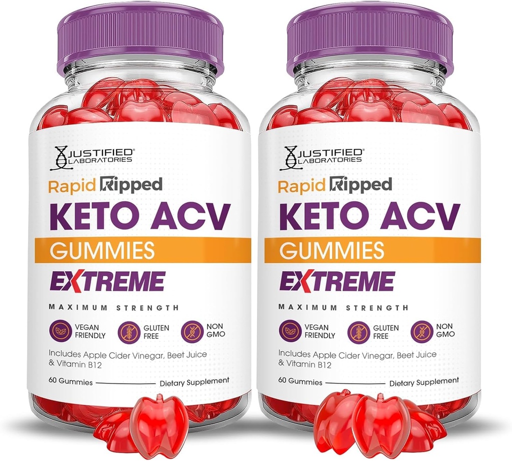 Laboratorios justificados (2 Pack Rapid Ripped Keto ACV Gummies Extreme 2000MG Rapidripped Keto Gummies Apple Sider Vinegar Formulado con Powder Pomegranate Beet Juice B12 Vegan Non GMO 120 Gummys
