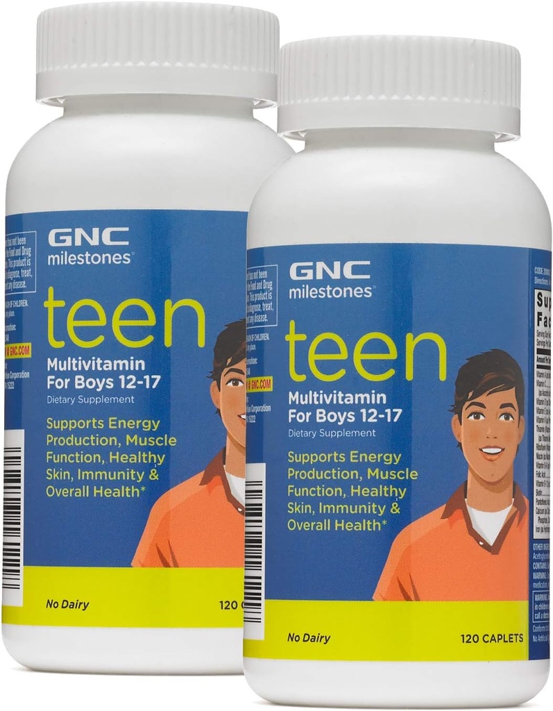 Millas GNC Adolescentes Multivitamina para niños 12-17, Twin Pack, 120 Caplets por botella, soporta producción de energía y función muscular