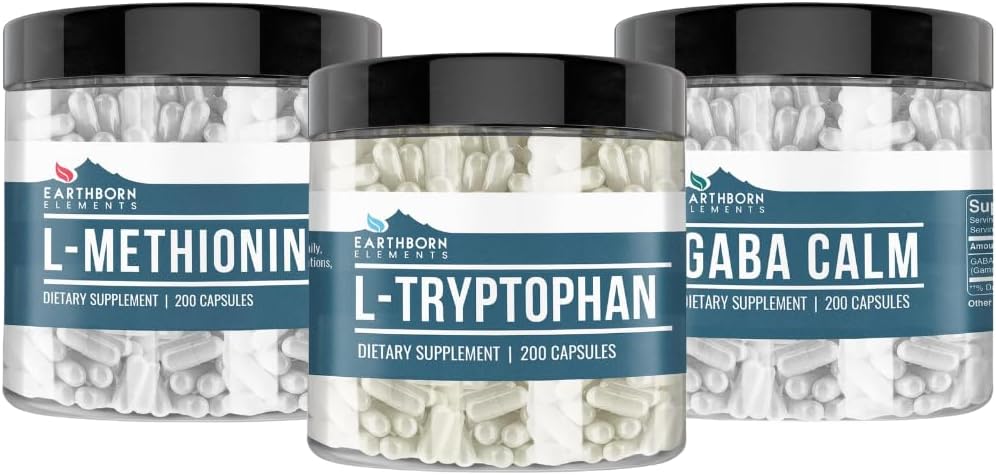 Earthborn Elements L-Tryptophan, L-Methionine, and GABA Bundle, 200 Capsules Each, Pure & Undiluted