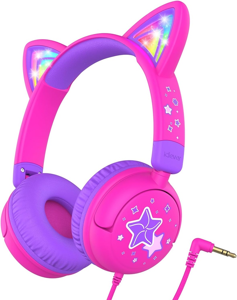 iClever Kids Headphones Cat Ear, LED Light Up, 85dBA Safe Volume, Stereo Sound Toddler Headphones for Travel School, plegable 3.5mm Wired Kids Headphone para iPad Tablets, Meow Lollipop-Hot Pink