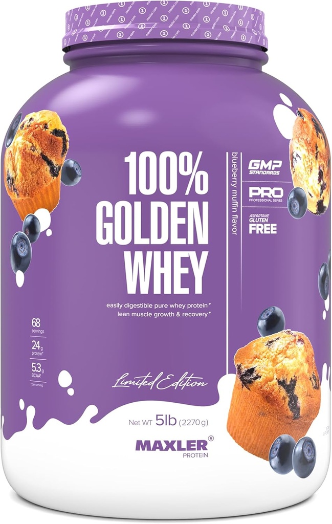 Maxler 100% Golden Whey Protein - 24g de Proteína por Serving - Premium Whey Protein Powder para Pre Post Workout - Fast-Absorbing Whey Concentrate, Isolate & Hydrolysate Blend - Blueberry Muffin 5 lb