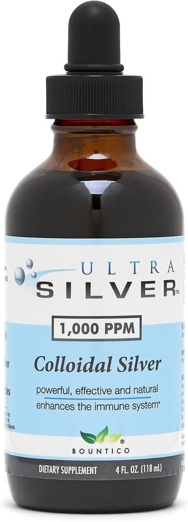 Ultra Silver® Colloidal Silver tención 1,000 PPM, 4 Oz (118mL) vivieron Suplemento Mineral Silencio Verdadero Plata Colloidal - con Dropper