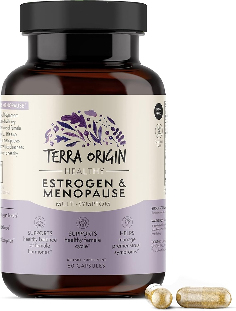 TERRA ORIGIN Multi-Symptom Menopause Suplementos para Mujeres TENIDA Menopause Soporte para Sudaderas Nocturnas, Hot Flashes & Mood Swings ANTE DIM, Black Cohosh, Dong Quai, Chaste Tree Berry TENIDO 60 cápsulas