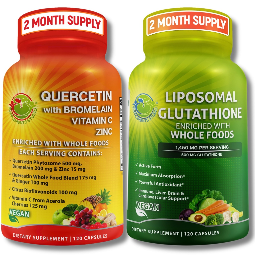Immune & Cellular Support Bundle – Liposomal Glutathione 500mg with Whole Foods " Quercetin with Bromelain, Vitamin C, and Zinc Whole Food Complex – Vegan, Non-GMO, Clean Daily Wellness Support