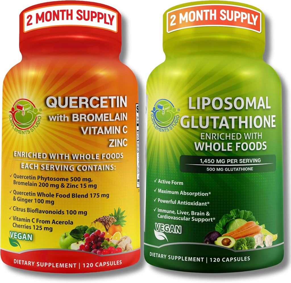 Immune & Cellular Support Bundle – Liposomal Glutathione 500mg with Whole Foods " Quercetin with Bromelain, Vitamin C, and Zinc Whole Food Complex – Vegan, Non-GMO, Clean Daily Wellness Support