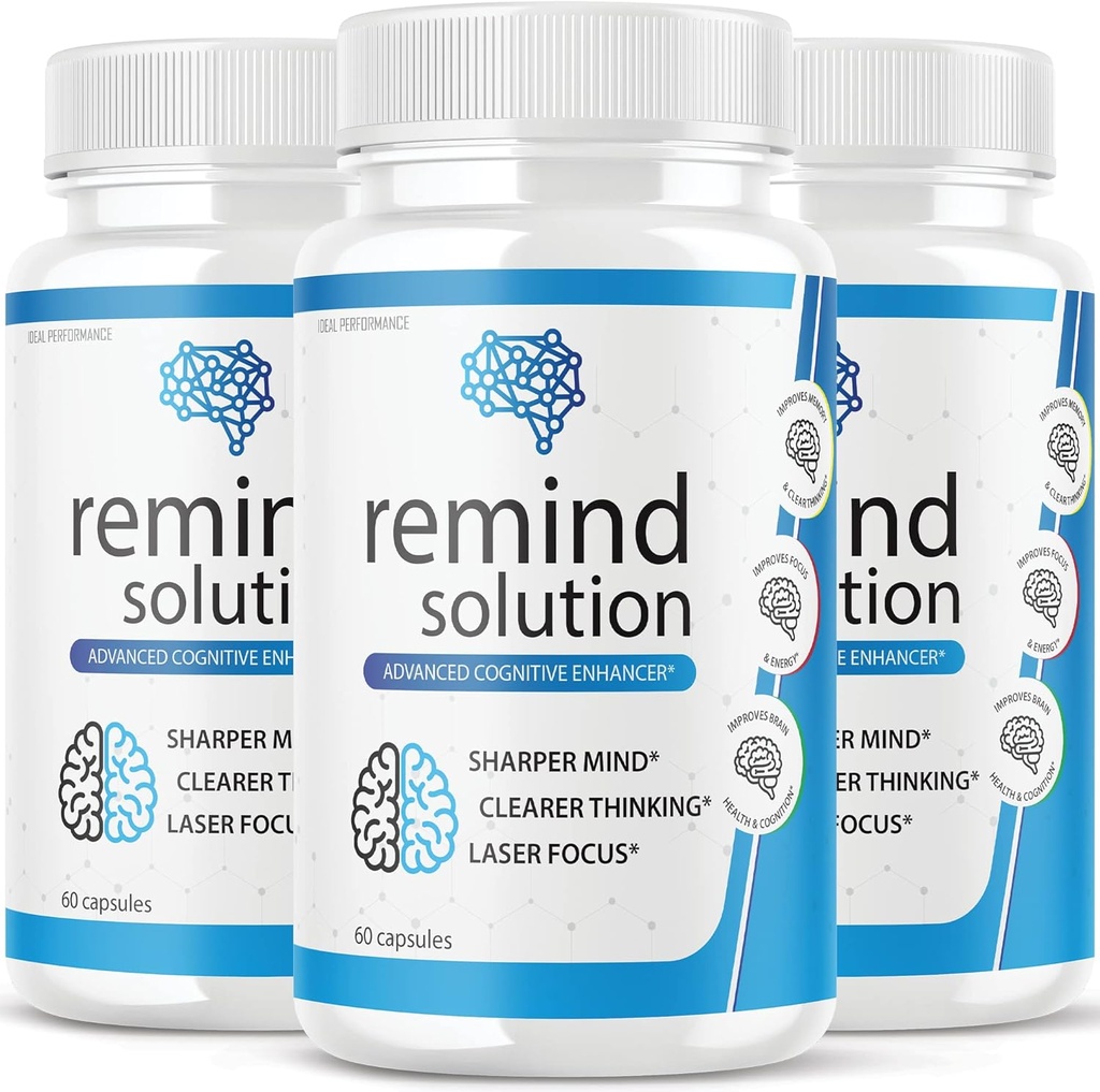 (3 Pack) Remind Solution for Memory Advanced Cognitive Brain Health Function Focus Max Concentration Recall Suplemento (180 cápsulas)