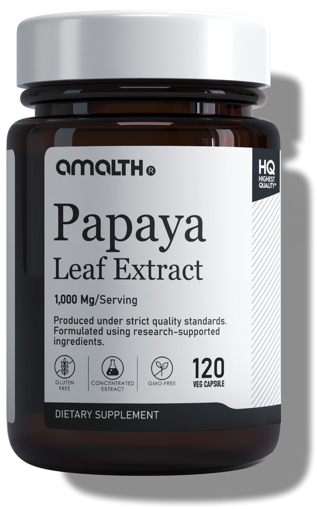 Amalth Papaya Leaf Extract Capsules 1000 mg | Carica Papaya Leaf Supplement | Platelet Support & Immune Support Formula | Papain Enzyme Digestive Health | Plant Based | Non-GMO | 120 Veg Capsules