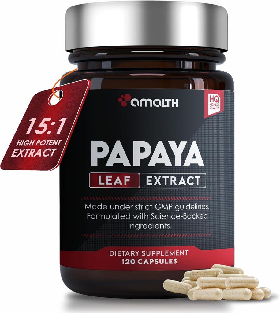Papaya Leaf Extract Digestive Enzymes 1000mg,10x Potency 120 Veg Capsules- Blood Platelet, Bone Marrow & Spleen Support, Digestive and Immunity Support Desarrollado en USA por Amalth