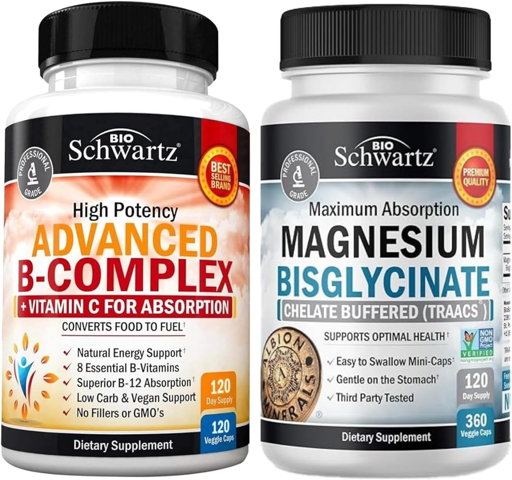 Complejo de vitamina B con vitamina C (4 mes de suministro) más alta absorción Magnesio cápsulas bisglicinadas (4 mes de suministro)