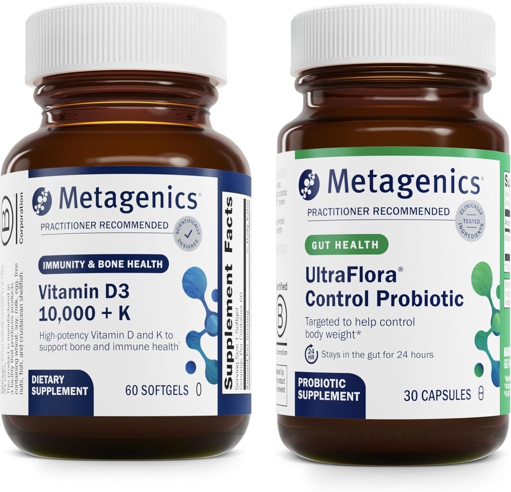 Metagenics Vitamina D3 10,000 + K (60 Softgels) & UltraFlora Control Probiotic (30 Servimientos) - Asistencia Bone &amp; Heart Health - Ayudas Healthy Body Composition