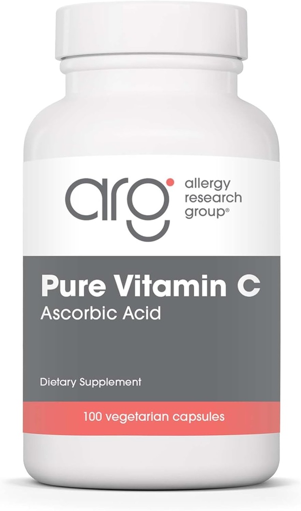 Grupo de investigación de alergia Suplemento de vitamina C puro - Ácido ascóbico, vitamina C orgánica de 1000 mg, alta potencia, incoloro, acidez leve, cápsulas vegetarianas - 100 conteo