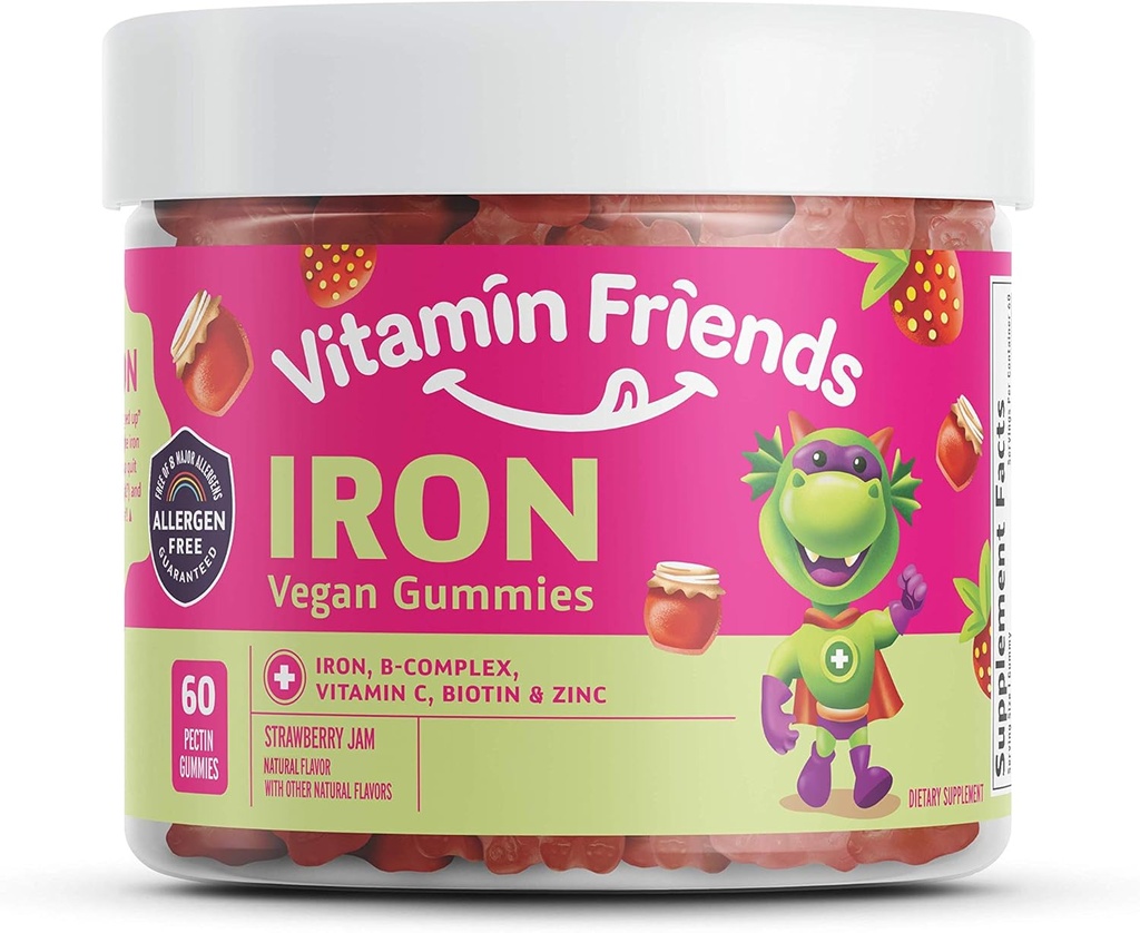 Vitamina Amigos - Hierro multivitamínico vegano para niños - Soporte nutricional diario Gummies w/Ferrous Fumarate B-Complex, Vitamina C, Zinc, Biotina - Función corporal &amp; Anemia - Fresa Jam(60 Day Supply)