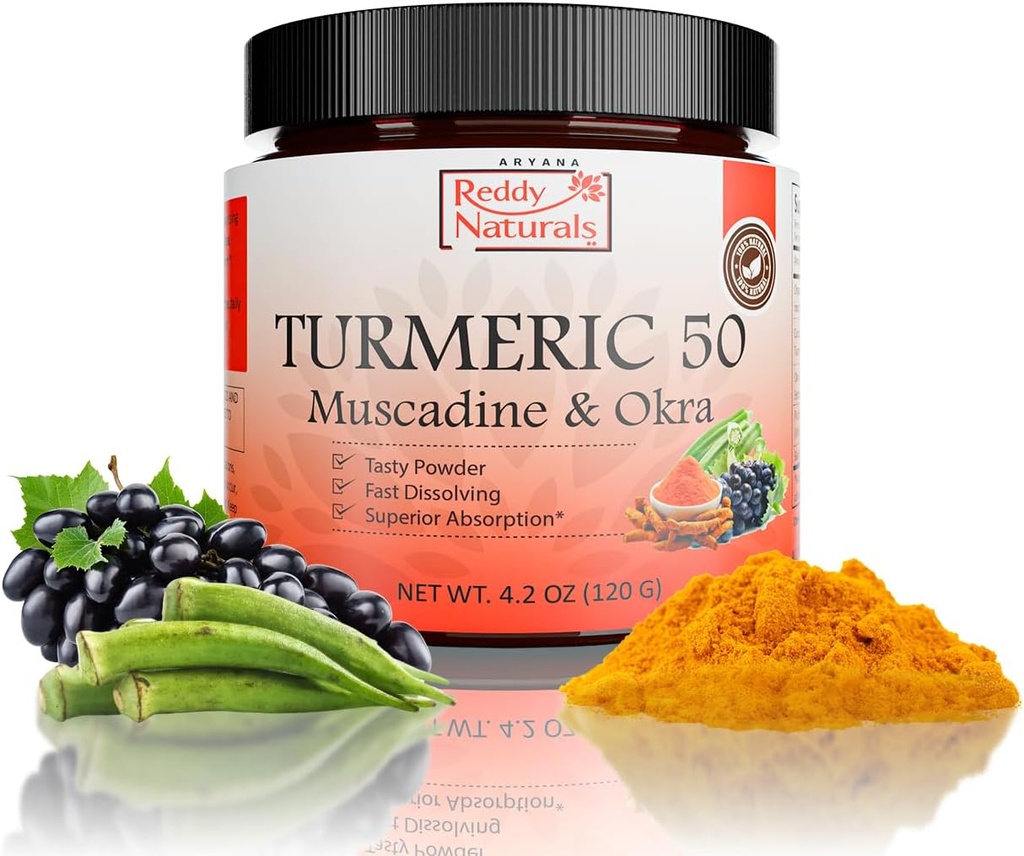 Reddy Naturals Aryana Turmeric 50 – Organic Turmeric Suplemento Polvo con Muscadine Grape & Okra – Fast-Dissolving, Fórmula de base vegetal para el bienestar diario – 30 Servimientos