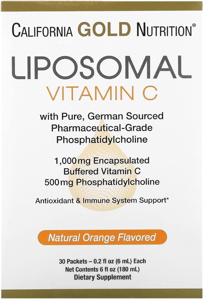 Vitamina Liposomal C por California Gold Nutrition - Suplemento líquido para antioxidante &amp; Immune Support - Vegan Friendly - Gluten Free, Non-GMO - 1,000 mg - 30 Packets - Natural Orange Flavor