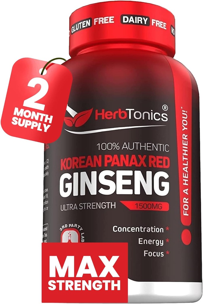 Herbtonics Korean Red Panax Ginseng 1500mg - Energy Supplement for Peak Performance, Focus & Vitality - High Potency Ginseng Root Extract - 120 Vegan Capsules