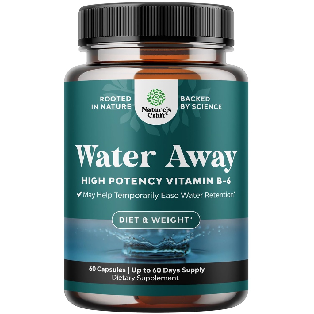 Water Away Herbal Diuretic Pills High Strength - Fluid Retention Supplement with Dandelion Leaf Extract & Green Tea for Bloating Relief for Women & Men - Capsules for Leg & Feet Swelling - 60 Count