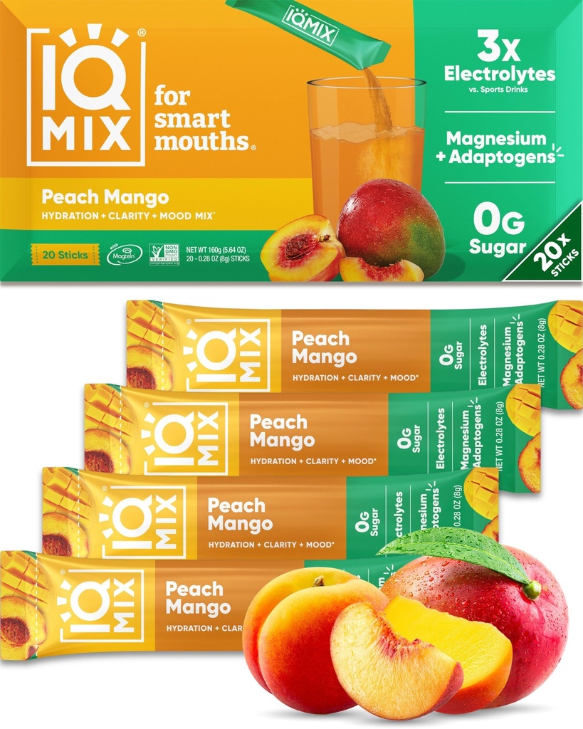 IQMIX Hidration Electrolyte Powder – 4-en-1 Fórmula para la hidratación, la claridad mental, el humor y la recuperación – Sugar-Free Drink Mix, Keto, Magnesium L-Threonate, Lion’s Mane – 20 Conde Peach Mango