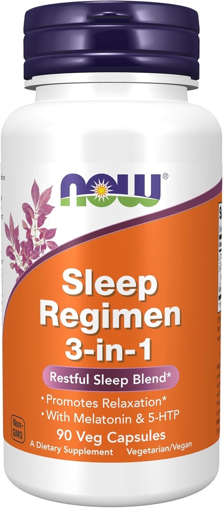 AHORA Suplementos de alimentos, Regimen de sueño 3-In-1, Con Melatonina, 5-HTP y L-Theanina, Restful Sleep Blend*, 90 cápsulas de Veg