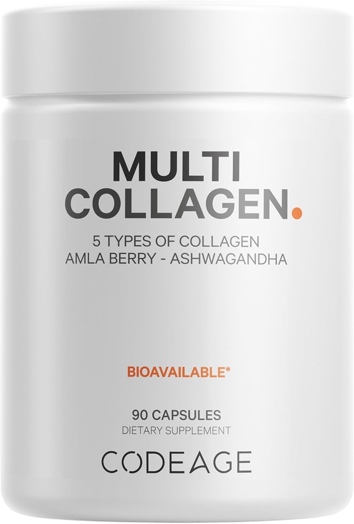 Codeage Multi Collagen Peptides Protein Capsules, 5 Tipos de Collagen, Grass-Fed & Hydrolyzed Bovine Collagen Pills Suplemento, Ashwagandha, Amla Berry Vitamins, Collagen Peptides - 90 cápsulas