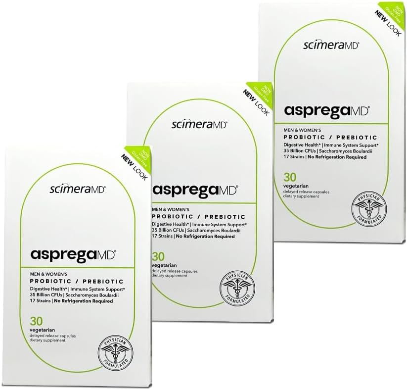 Asprega 30CT - Probiótico + Suplemento Prebiótico Silencio 17 Strains, 35 Billion CFUs Silencio Delayed Release ← Saccharomyces Boulardii Silencio para Hombres &amp; Mujeres Silencioso por ScimeraMD, 3-Pack