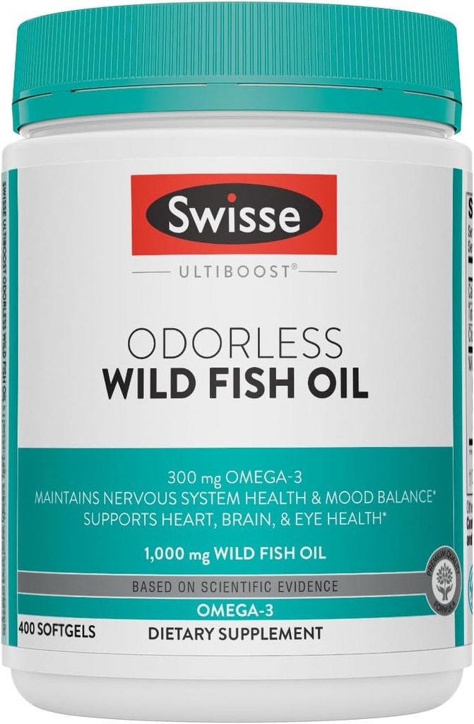 Swisse Wild Fish Oil Omega 3 Suplementos para Mujeres y Hombres 1000 mg Softgels TENIDO EPA DHA Fish Oil Suplementos TEN Odorless - Ayuda a apoyar cerebro, ojos y salud cardíaca TEN 400 Softgel Pills