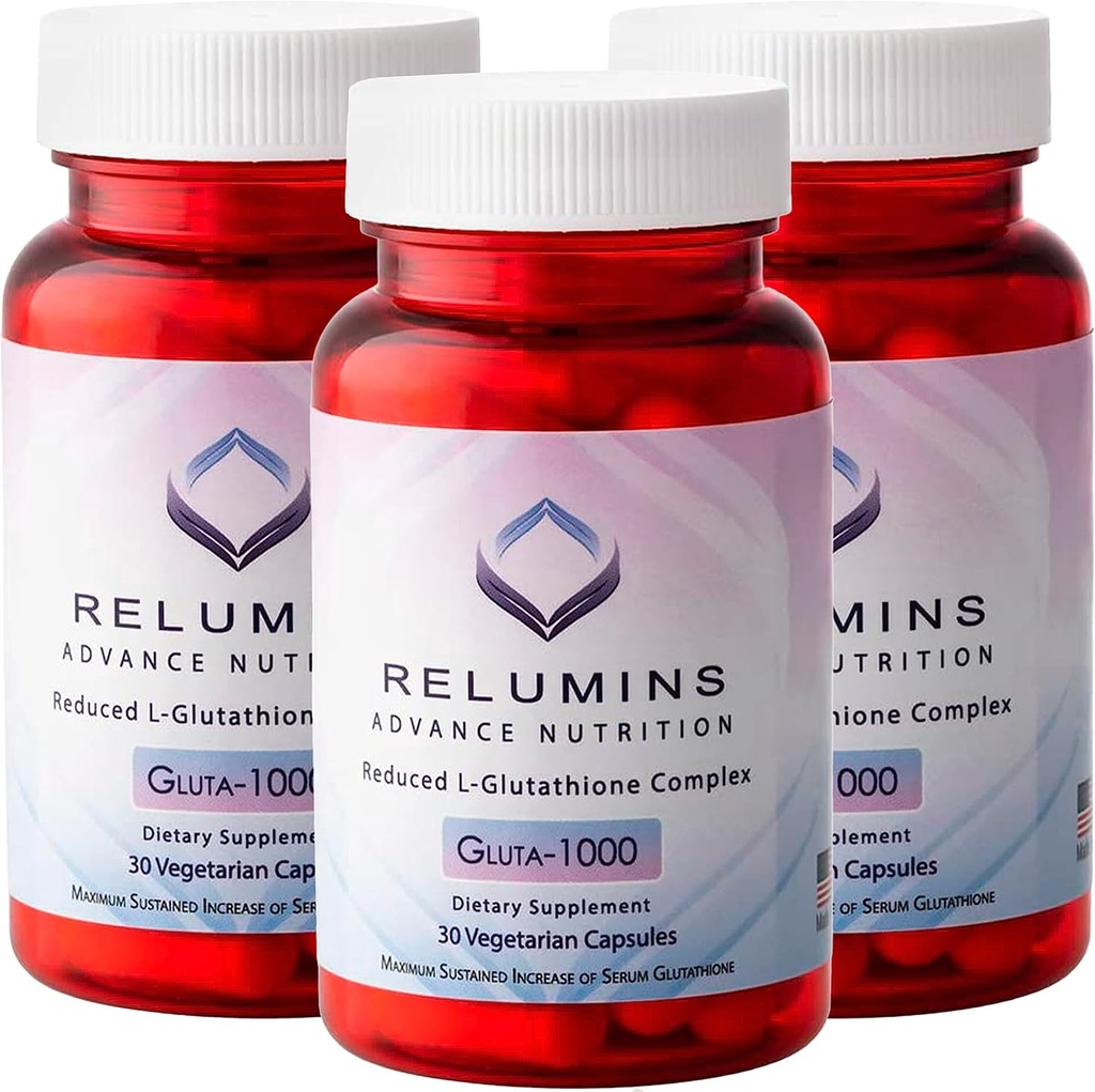 Relumins Advance Nutrition Gluta 1000 - Reduced L-Glutathione, Alpha Lipoic Acid &amp; Rose HIPS, Antioxidant Support for Skin & General Wellness, Made in USA - 30 Capsules x 3 Bottles (45-Day Supply)