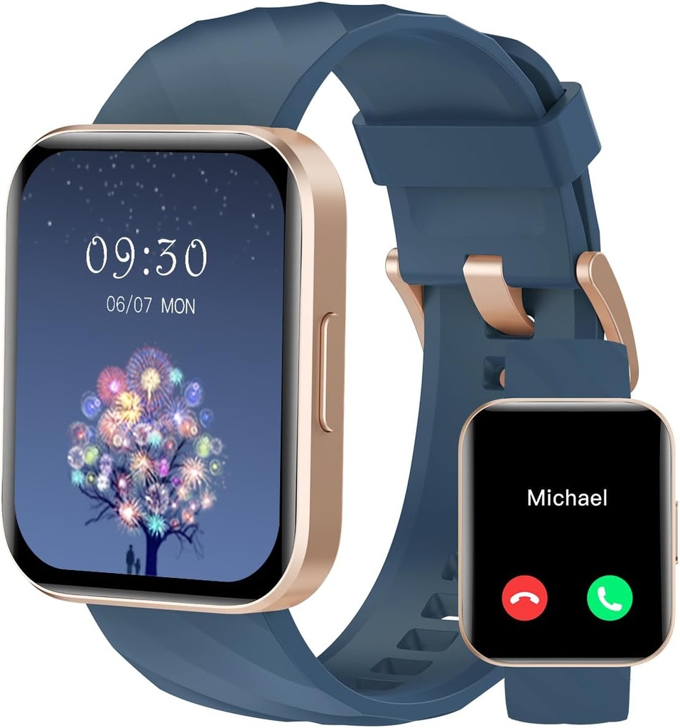 RUIMEN Smart Watches for Women Men (Answer/Make Calls) Compatible with iPhone/Android Phones, 1.85" HD Screen Fitness Tracker Heart Rate Monitor 100+ Sports Tracker Watch Waterproof (Blue)