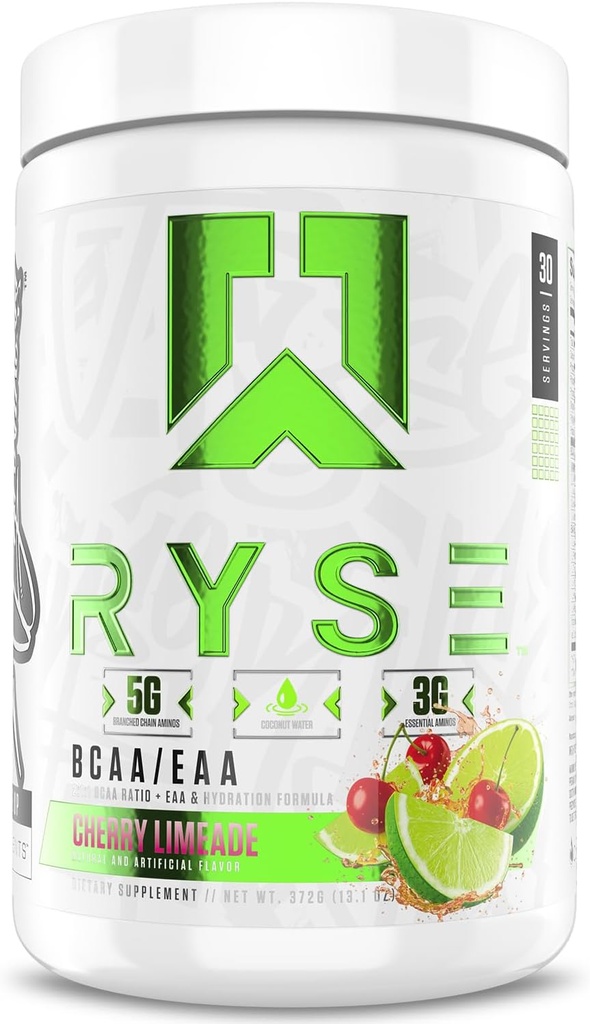 RYSE BCAA EAA Powder - Cherry Limeade - 5g Aminoácidos de cadena ramificados, 3g Aminos esenciales, electrolitos libres de azúcar para la recuperación del músculo pre &amp; post entrenamiento, hidratación y fuerza - 30 Servimientos
