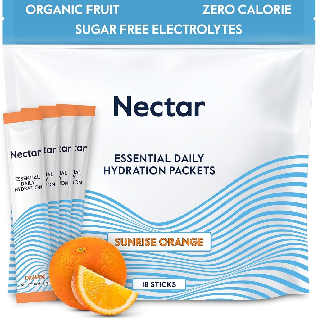 Embalajes de hidratación Nectar - Electrolitos Embalajes de polvo - No Azúcar o Calories - Electrolitos de frutas orgánicas líquidos diariamente polvo para alivio de la deshidratación y rehidratación rápida (Orange 18 Pack)