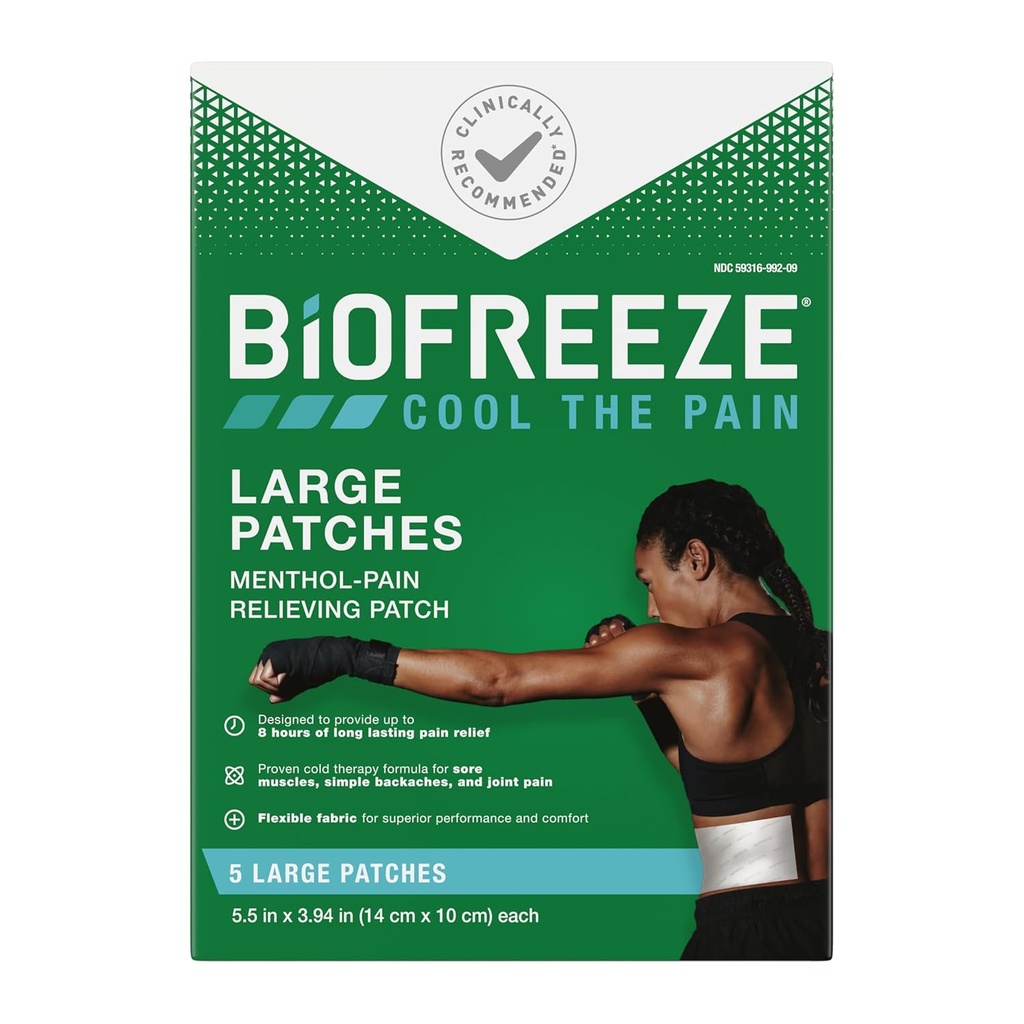 Biofreeze Patches de alivio de dolor grande, Paches de dolor de menta para la espalda baja, cuello, rodillas, " hombro, cómodo " Tejido flexible permanece en el lugar, FSA Eligible, 5 ct