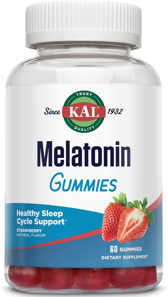 KAL Melatonin Gummies, Melatonin 5mg Ayuda para el sueño, Relajación saludable, Duración del sueño, Calidad y Calmness Support Fórmula, Vegetariano, Gluten Free, Natural Strawberry Flavor, 30 Servings, 60 Gummies