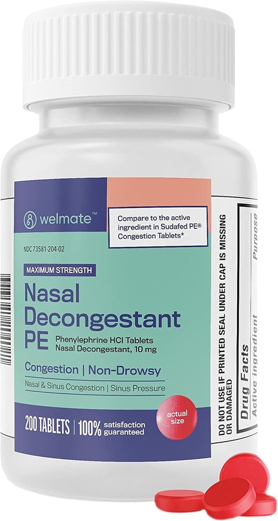 WELMATE - Nasal Decongestant PE - Phenylephrine HCl 10 mg - Maximum Strength - Sinus Relief - para las alergias frías - antihistamínico - Alivio del dolor - Decongestantes para adultos - 200 Tabletas