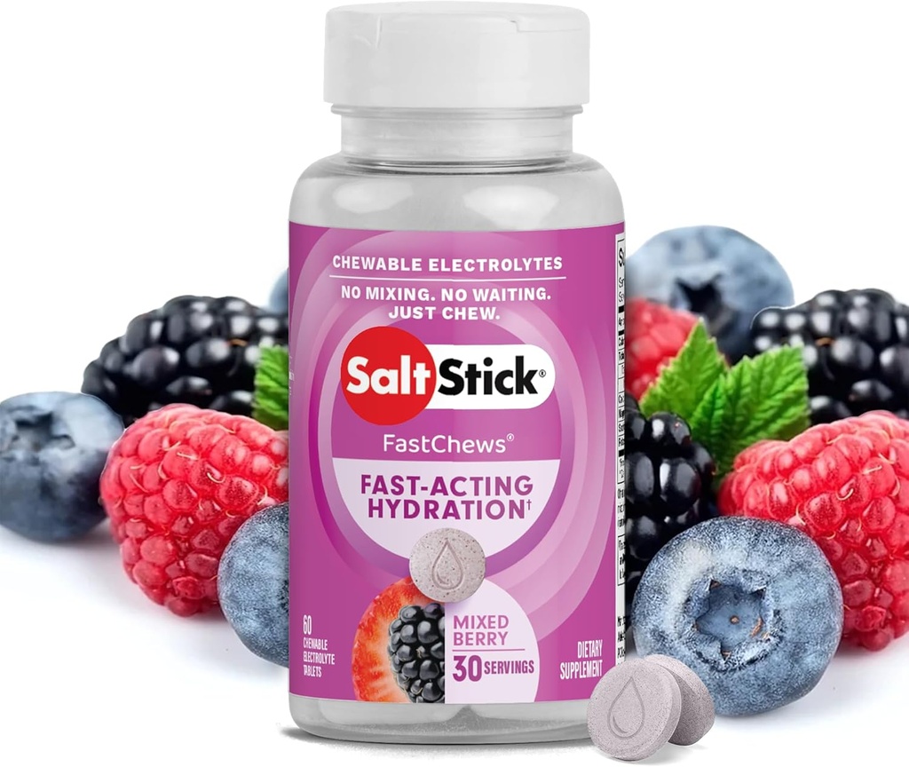 SaltStick Electrolyte FastChews - 60 electrolitos mezclados de Berry Chewable - Tablas de sal para correr e hidratación, cerdas electrolíticas - 60 cuenta