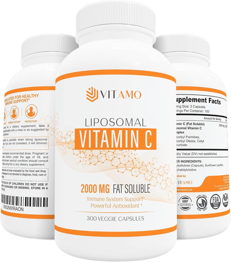 Vitamina Liposomal C 2000mg ANTE Sistema de Entrega Superior Ø 300 Capsules Soporte Inmunitario &amp; Collagen Booster ← Alta Absorción Ácido Ascóbico, Vitamina de Dosis Alta c, Soy Cero, 100% No GMO