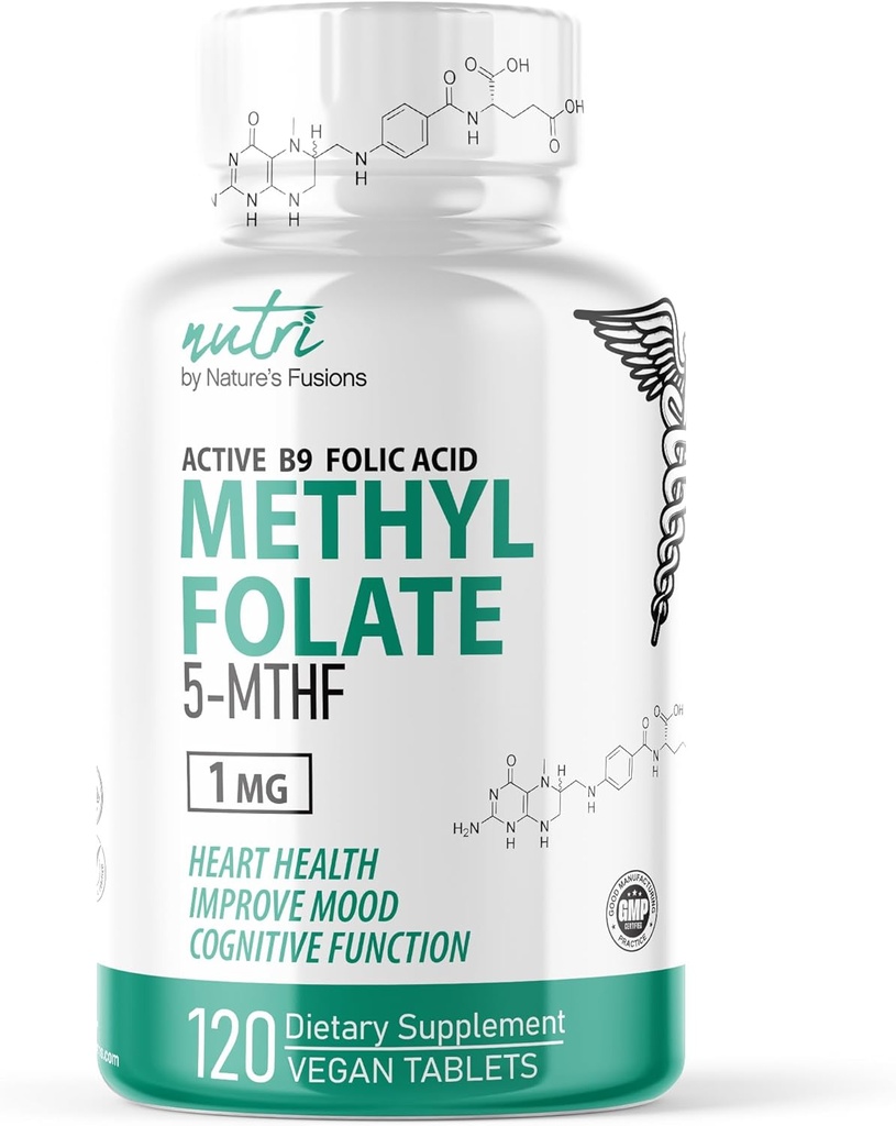 Fusiones de la naturaleza Nutri 5-MTHF L Methylfolate 1MG - 4 Month Supply, 120 Vegan Tablets - Methylated Folate Supplement - Cognitive Function, Heart Health, Prenatal Support - Methylated Folic Acid