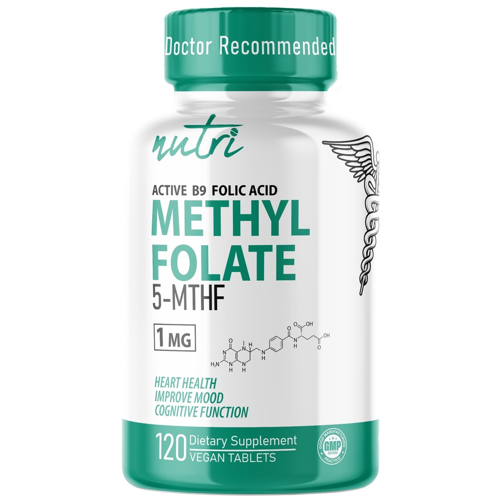 Fusiones de la naturaleza Nutri 5-MTHF L Methylfolate 1MG - 4 Month Supply, 120 Vegan Tablets - Methylated Folate Supplement - Cognitive Function, Heart Health, Prenatal Support - Methylated Folic Acid