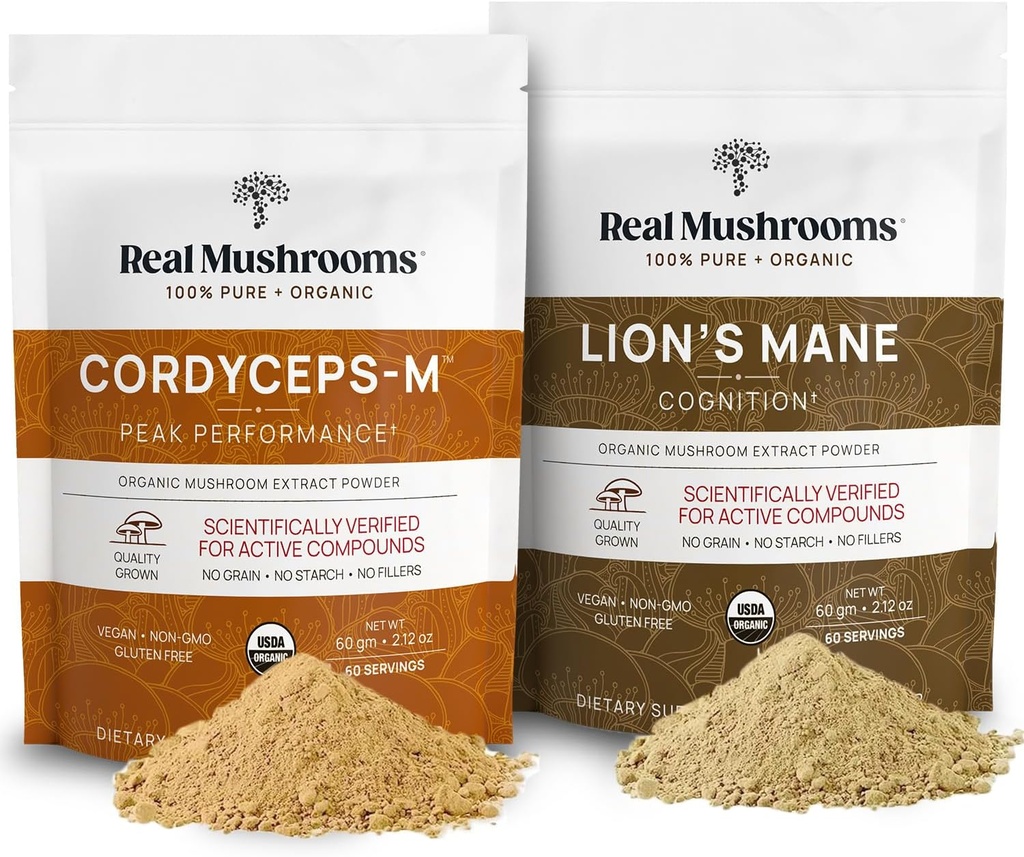 Lions Mane (60g) y Cordyceps (60g) Mushroom Extract Powder Bundle - Mushroom Supplement for Cognition, Energy and Endurance
