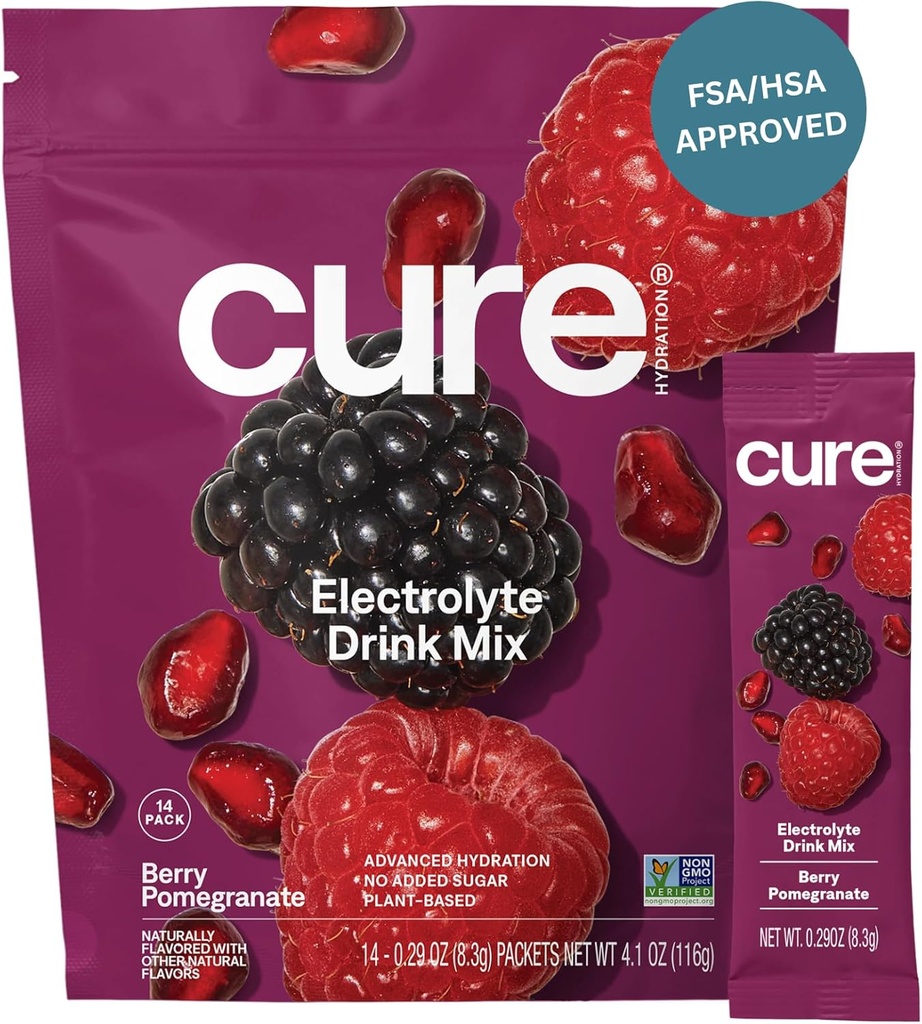 Cure Hydration ¦ Plant-Based Electrolyte Drink Mix ← No Añadido Sugar ← FSA-HSA ← Dehydration Relief Powder Made with Coconut Water ← Non-GMO Silencio Vegan Silencio Pouch of 14 Packets - Berry Pomegranate